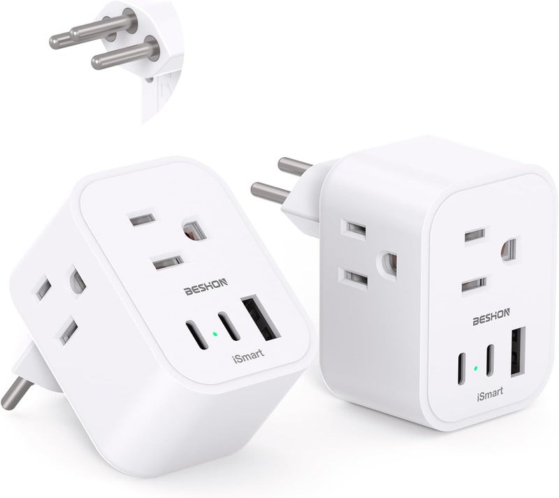 BESHON 【2 Pack】 Switzerland Travel Plug Adapter, Type J Power Adapter with 3 Outlets, 3 USB Ports (2 USB C), Travel Essentials US to Switzerland, Rwanda, Liechtenstein - Image 1